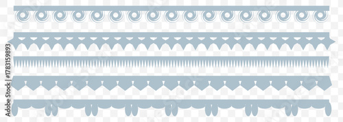 Scalloped edge borders and dividers. Simple scalloped. Simple scalloped border. Repeat cute vintage frill ornament. Texture ribbons. stripe, tape collection isolated on Transparent background. EPS 10.