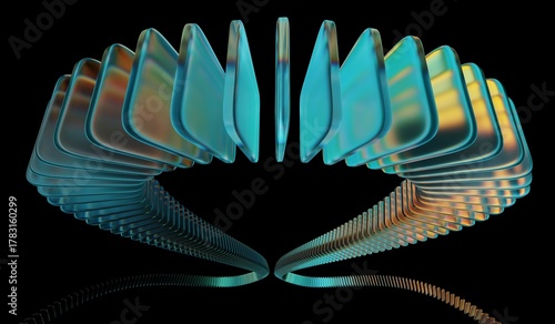 Glass chromatic cube block shapes render, blue teal orange caustic effect, abstract crystal pattern, neon light holographic gradient, 3D illustration showing black 3D background.