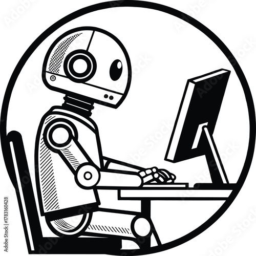 Black and white illustration of a robot sitting at a desk using a computer inside a circle border