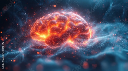 Brain with Glowing particles: An artistic rendering of a human brain aglow with radiant particles, a symbol of thought, intelligence, and the intricacies of the mind. 