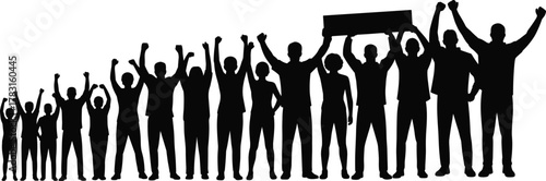 Silhouette crowd unity celebration, people raising arms protest demonstration, group achievement teamwork success, social movement solidarity, energetic posture diverse figures,
