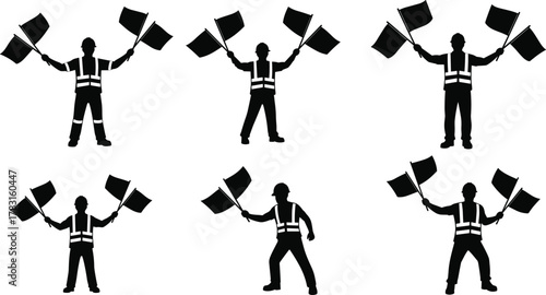 Construction flagger, safety gear, signal flags, silhouette workers, black and white, vector illustration, traffic control, helmet, vest, job, pose, site
