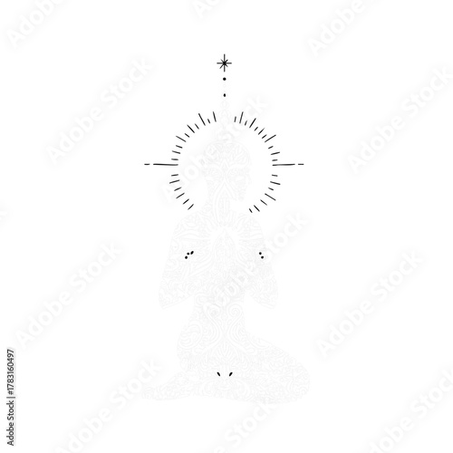 A serene, minimalist illustration depicts a figure in a meditative pose, radiating a spiritual aura with a halo and guiding star, symbolizing peace and enlightenment.