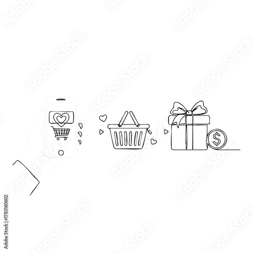 A delightful line art illustration showcases the journey from online shopping cart to a gift box, symbolizing the joy of receiving presents and the ease of e-commerce.