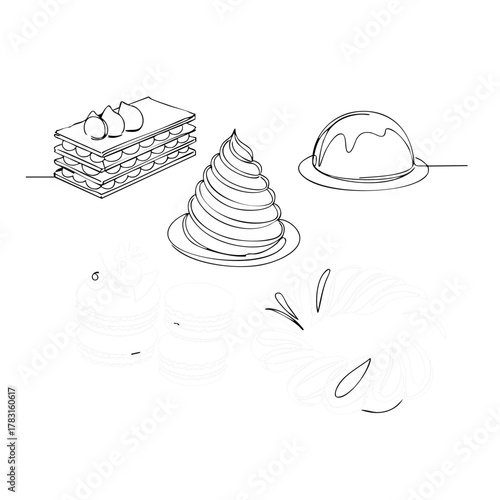 Elegant line art showcases a trio of delectable desserts, including a layered pastry, a spiraled cream confection, and a glazed dome, perfect for culinary designs.