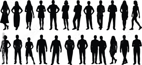 Silhouette human figures collection, diverse male female poses, standing walking sitting gestures, fashion clothing styles, character design template, animation reference,