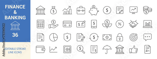 Finance and Banking Line Icons. Money, Investment, Business, Growth, Economy Vector Set.