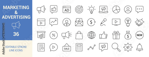 Marketing and Advertising Line Icons. Promotion, Branding, Strategy, Communication, Growth Vector Set.