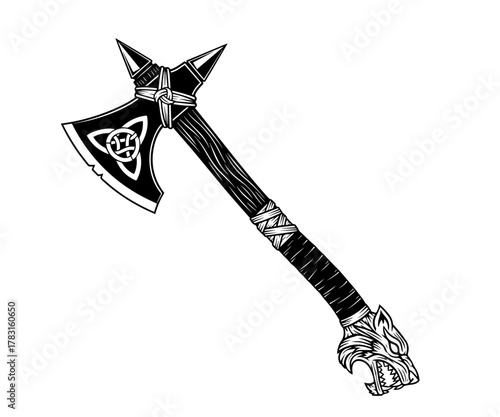 A striking black and white illustration of a fantasy battle axe, detailed with a Celtic triquetra knot on the blade and a snarling wolf head pommel