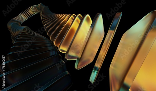 Glass chromatic cube block shapes render, blue teal orange caustic effect, abstract crystal pattern, neon light holographic gradient, 3D illustration showing black 3D background.