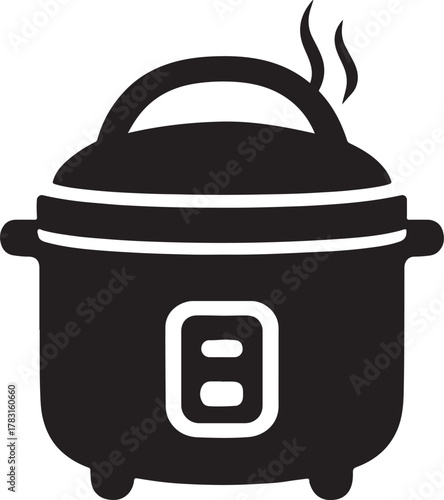   Rice cooker with handle and steam in bold vector style. Ideal for kitchen, cooking, and appliance use.