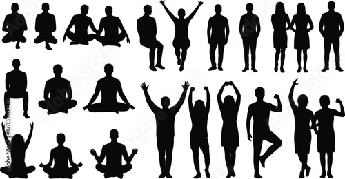Silhouette meditation poses, yoga exercise figures, mindfulness practice illustration, wellness lifestyle silhouettes, human posture collection, fitness stretching positions,