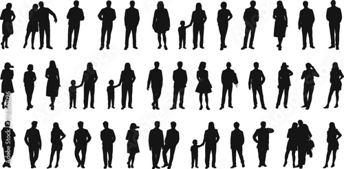 Silhouette people collection, diverse human figures, standing, walking, holding hands, family, children, adults, teamwork, social interaction, community, lifestyle, design template