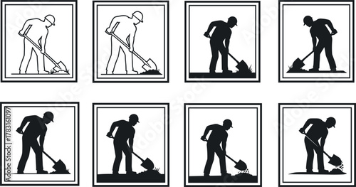 Construction worker digging, manual labor icon, shovel action pose, excavation sequence, safety helmet, black and white illustration, work site graphic