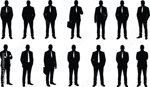 Businessmen silhouettes in formal suits and ties, standing professional male figures, corporate people collection vector illustration, elegant business concept isolated design