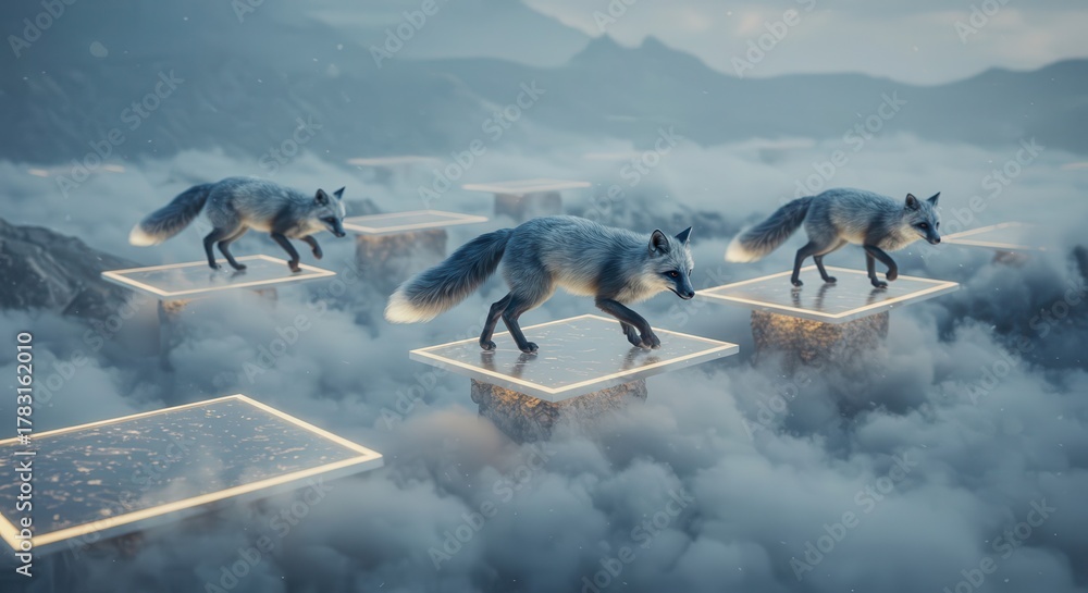 Obraz premium Several arctic foxes navigate glowing platforms suspended above dense clouds in a mountainous landscape.