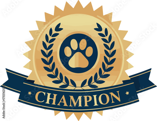 A champion dog paw print gold badge