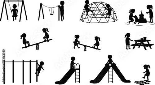 Children playing in playground, kids outdoor activities, park recreation equipment, swings slides and seesaws, fun childhood silhouette illustration, playground vector for education design