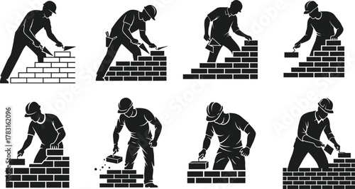 Construction worker silhouettes building brick walls, masonry tools, hard hats, labor, teamwork, craftsmanship, trowel, mortar, alignment, industrial site