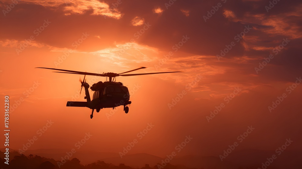 Fototapeta premium Helicopter silhouetted against sunrise during rescue