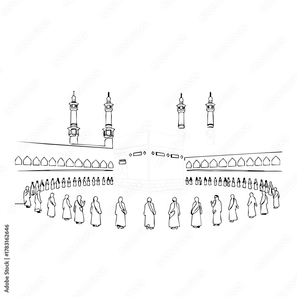 Obraz premium A minimalist line art illustration depicts pilgrims circumambulating the Kaaba in Mecca, highlighting the spiritual significance of the Hajj pilgrimage.