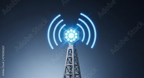 Explore wireless communication technology and network signal transmission tower with blue wifi waves concept