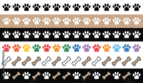 Rows of paw prints and bones pattern variations paw, print, bone, pattern, row, black, white, brown, beige, red, yellow, green, orange, purple, pink, blue, variation, animal, dog, cat, border, design,