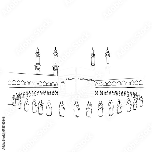 A minimalist line art illustration depicts pilgrims circumambulating the Kaaba in Mecca, highlighting the spiritual significance of the Hajj pilgrimage.