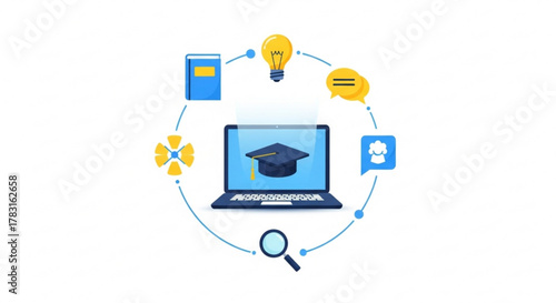 Online education and learning platform with laptop and graduation cap for study resources access