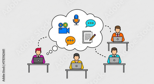 Illustration of content creation team brainstorming ideas for video podcast and writing project