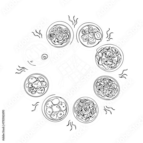 A delightful monochrome illustration showcases a variety of traditional Indonesian dishes arranged in a circular pattern, evoking a sense of cultural richness.