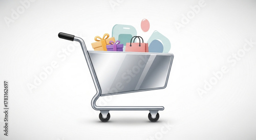Shopping cart filled with gifts and bags for online shopping and retail sales promotion concept design