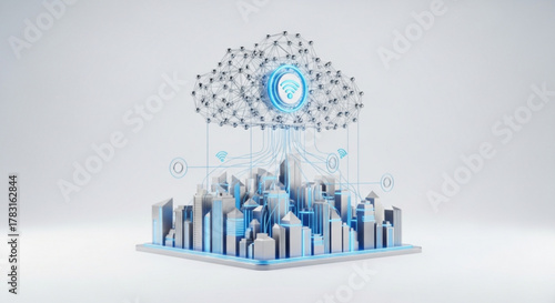 Cloud computing network technology concept with city skyline and wireless connection infrastructure design