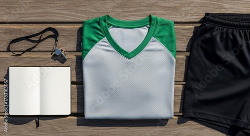Sports Gear Flat Lay on Wooden Surface - T-Shirt, Shorts, and Notebook.