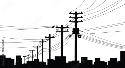 Urban power line silhouette, city utility pole network, electrical infrastructure skyline, stylized transmission wires, metropolitan energy grid, dramatic perspective, black building shapes