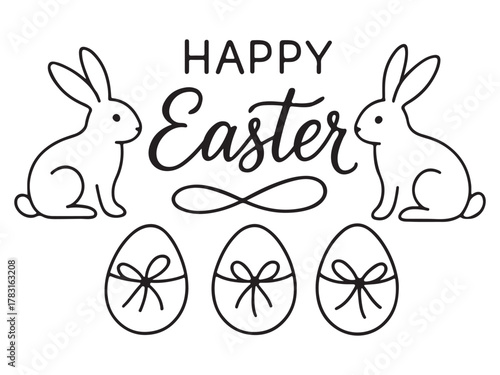 Happy easter with bunnies and decorated eggs in a line art style vector illustration