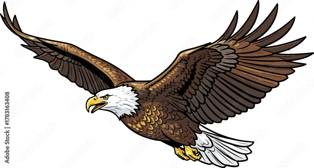 Obraz premium A detailed cartoon illustration of a majestic American bald eagle soaring through the air with its wings fully spread