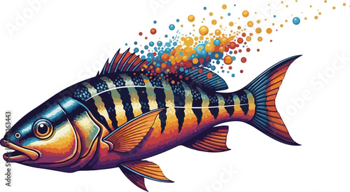 A colorful stylized fish illustration with a dynamic burst of abstract bubbles creating a sense of motion and energy