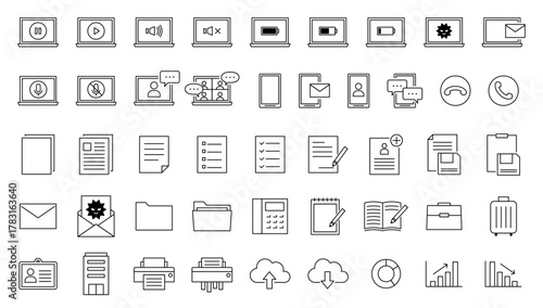 ビジネス　アイコン　ベクター　シンプル　複数　パソコン　スマホ　出張　プリンター　グラフ　社員証