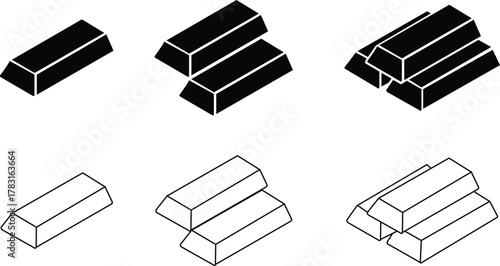 Gold bars icons set, bullion collection, precious metal group, finance and wealth symbol vector illustration, black flat and line style design, investment and treasure collection on transparent backgr