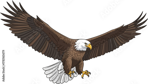 Majestic Bald Eagle illustration with wings spread wide in flight, a powerful symbol of freedom and nature