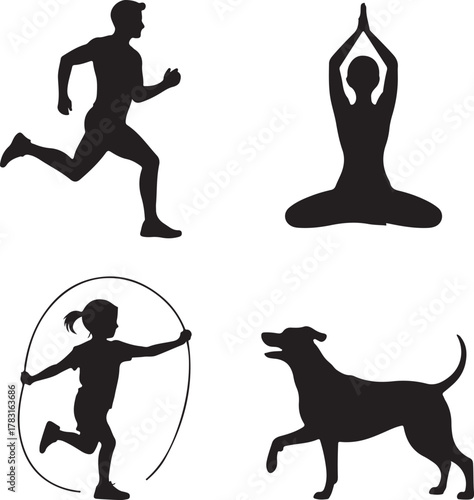 Active Lifestyle Black Silhouettes Including Running Yoga Jumping Rope and Dog