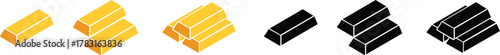 Gold bars icons set, bullion collection, precious metal group, finance and wealth symbol vector illustration, black flat style design, investment and treasure collection on transparent background