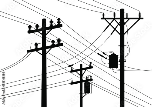 Utility poles silhouette with transformers, electrical distribution system, power lines network, urban infrastructure, energy supply, electricity grid, industrial engineering