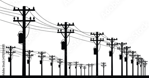 Utility poles, electrical infrastructure, power distribution, energy grid, transmission lines, industrial technology, electricity supply, rural landscape, perspective depth,