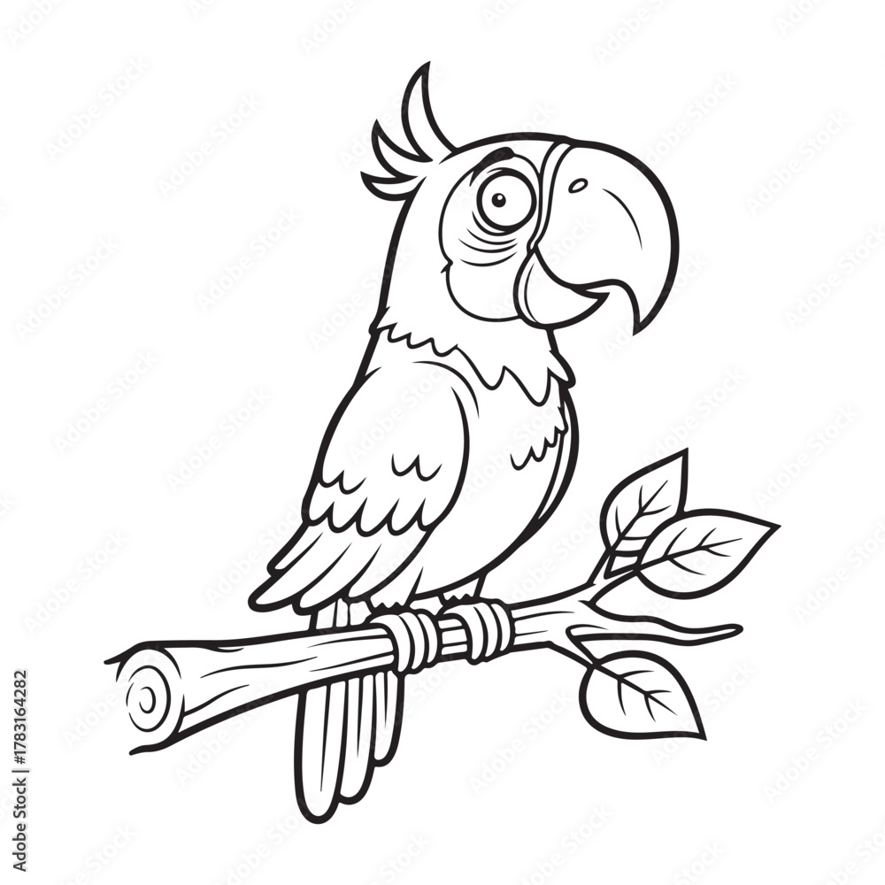 Fototapeta premium Funny parrot on a branch coloring page