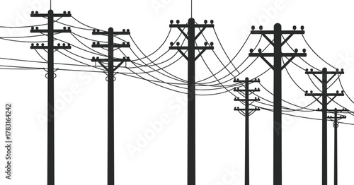 Utility poles, power lines, electrical infrastructure, urban grid, transmission system, energy distribution, crossarms, insulators, perspective view, engineering, telecommunications,