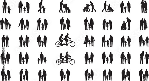 Vector silhouettes set of diverse families, parents, couples, and children graphic icons.