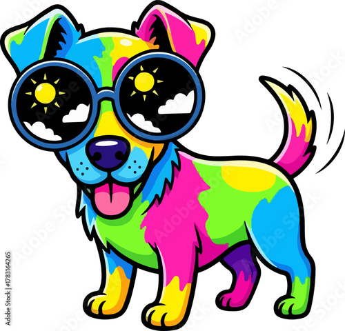 A cheerful and colorful cartoon dog with a wagging tail wearing cool, reflective summer sunglasses on a white background