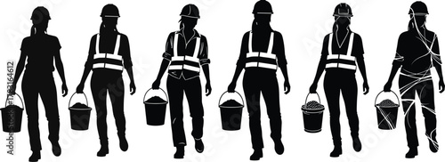Construction worker walking, bucket carrying, safety helmet, black silhouette, manual labor, work attire, site movement, industrial effort, reflective vest